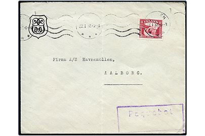 20 aur Gullfoss på skibsbrev fra Reykjavik annulleret med norsk stempel i Bergen d. 22.1.1937 og sidestemplet Paquebot til Aalborg, Danmark. Lodret fold.