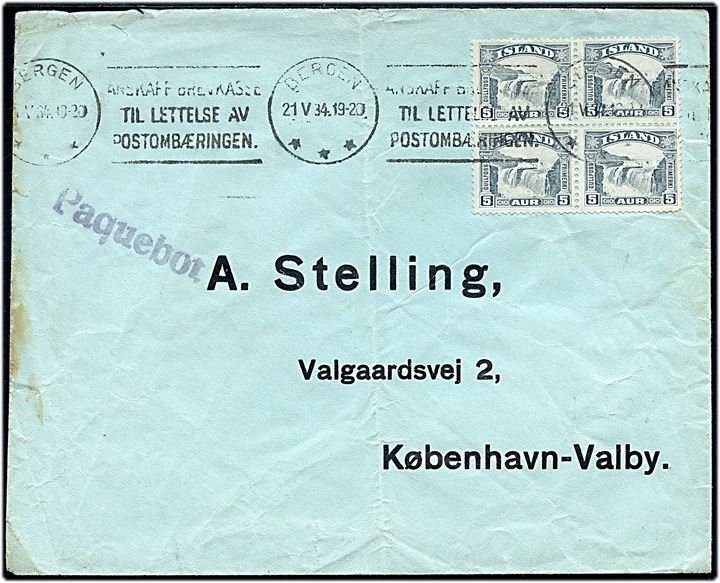 5 aur Gullfoss i fireblok på skibsbrev fra Reykjavik annulleret med norsk stempel i Bergen d. 21.5.1934 og sidestemplet Paquebot til København, Danmark. Lodret fold.