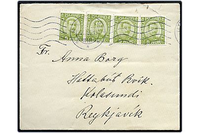 5 aur Chr. X i 4-stribe på brev stemplet Reykjavik d. 25.4.1925 til Kolasundi, Reykjavik.