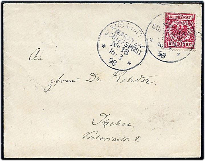 10 pfg. Adler på marinepost brev annulleret Kais. Deutsche Marineschiffspost No. 16 d. 16.3.1898 til Itzehoe, Tyskland. Sendt fra krydseren SMS Charlotte i Dartmouth under hjemrejse fra togt til Vestindien.
