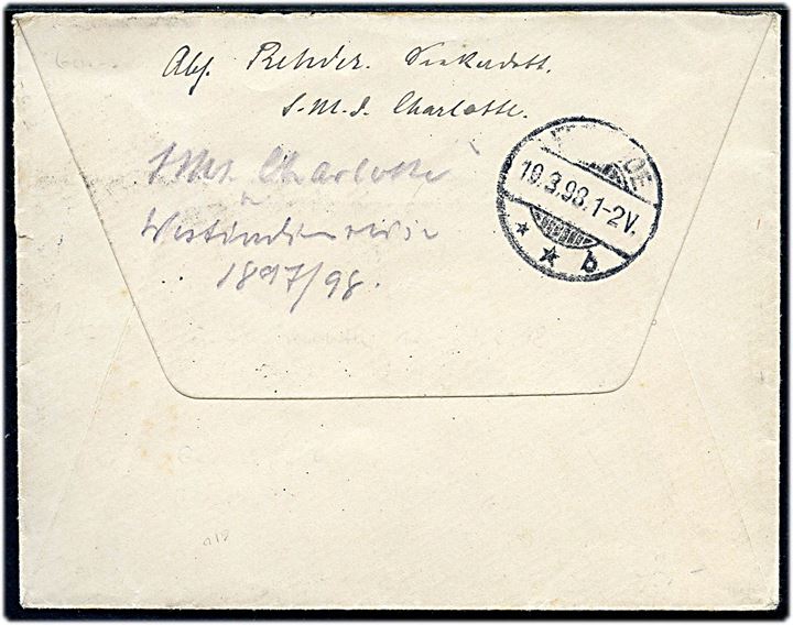 10 pfg. Adler på marinepost brev annulleret Kais. Deutsche Marineschiffspost No. 16 d. 16.3.1898 til Itzehoe, Tyskland. Sendt fra krydseren SMS Charlotte i Dartmouth under hjemrejse fra togt til Vestindien.