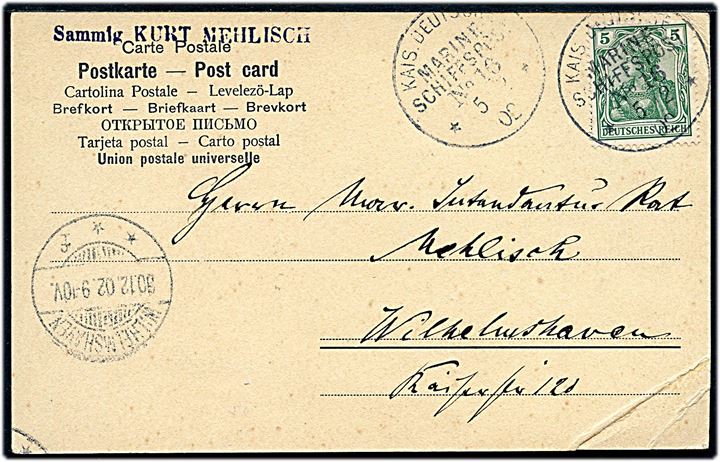 5 pfg. Germania på brevkort (SMS Charlotte) dateret i San Salvador (Bahia) og annulleret med marinepost stempel Kais. Deutsche Marineschiffspost No. 16 d. 5.2.1902 til Wilhelmshaven, Tyskland. Hj. knæk. 