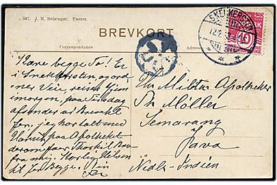 10 øre Bølgelinie på brevkort fra Snekkersten d. 12.12.1913 til dansk militær apoteker Th. Møller i Samarang, Java, Hollandsk Ostindien.