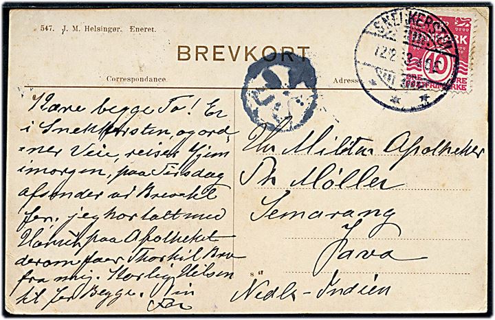 10 øre Bølgelinie på brevkort fra Snekkersten d. 12.12.1913 til dansk militær apoteker Th. Møller i Samarang, Java, Hollandsk Ostindien.