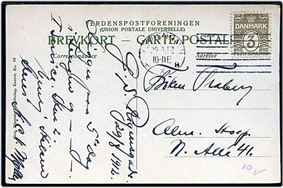 3 øre Bølgelinie på lokalt brevkort annulleret med Universal forsøgs-maskinstempel Kjøbenhavn KKB d. 29.8.1912.