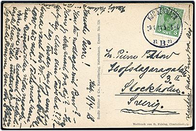 5 øre Chr. X fra frimærkeautomat med automatafskæring på brevkort fra Kjøbenhavn d. 9.4.1918 til Stockholm, Sverige.