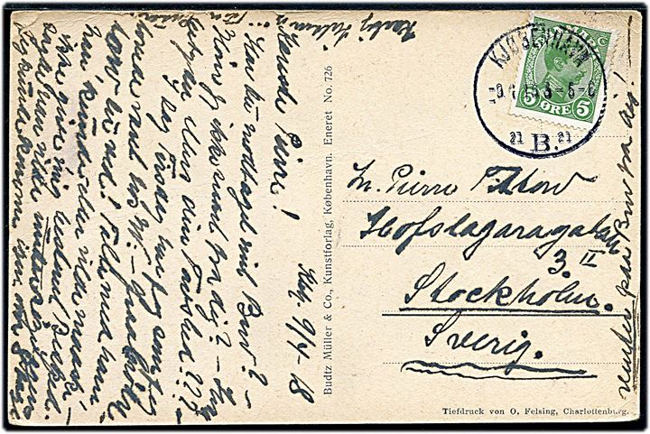 5 øre Chr. X fra frimærkeautomat med automatafskæring på brevkort fra Kjøbenhavn d. 9.4.1918 til Stockholm, Sverige.