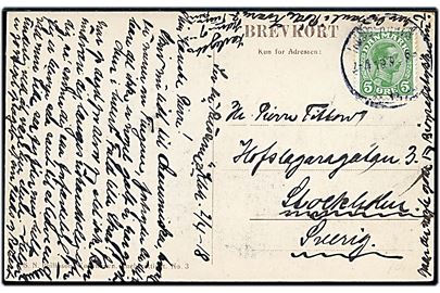 5 øre Chr. X fra frimærkeautomat med automatafskæring på brevkort fra Kjøbenhavn d. 2.4.1918 til Stockholm, Sverige.