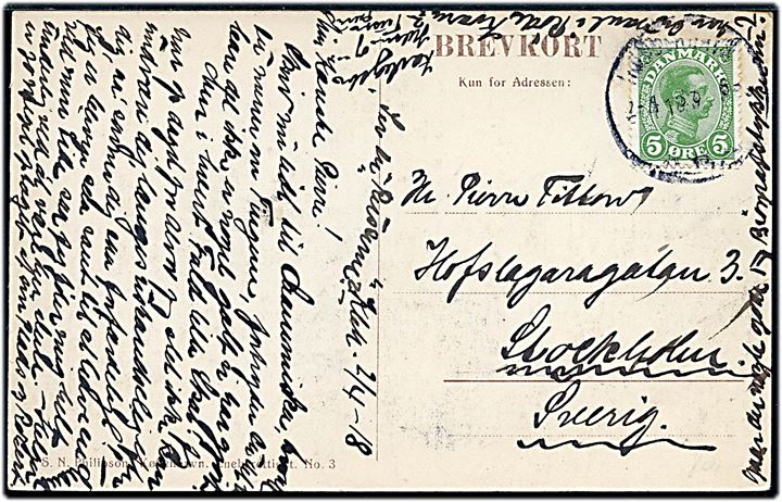 5 øre Chr. X fra frimærkeautomat med automatafskæring på brevkort fra Kjøbenhavn d. 2.4.1918 til Stockholm, Sverige.
