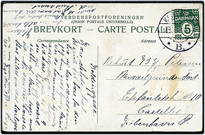 5 øre Bølgelinie på brevkort fra Kjøbenhavn d. 13.5.1913 til rekrut på Middelgrund Fort med postadresse: Elefantstok no. 10, Castellet, København Ø.