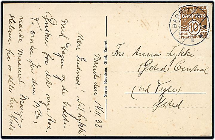 10 øre Bølgelinie på brevkort annulleret med brotype IIc Barrit d. 14.11.1933 til Østed.