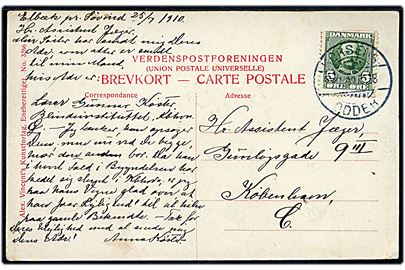 5 øre Fr. VIII på brevkort dateret Elbæk pr. Søvind annulleret med bureaustempel Horsens - Odder T.8 d. 25.7.1910 til København.