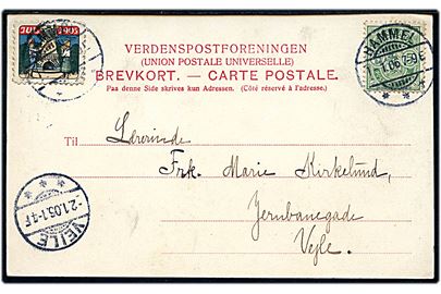 5 øre Våben og Julemærke 1905 på brevkort (Esbjerg, Fiskerihavn) annulleret Hammel d. 1.1.1906 til Vejle.
