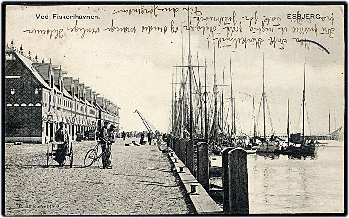 5 øre Våben og Julemærke 1905 på brevkort (Esbjerg, Fiskerihavn) annulleret Hammel d. 1.1.1906 til Vejle.