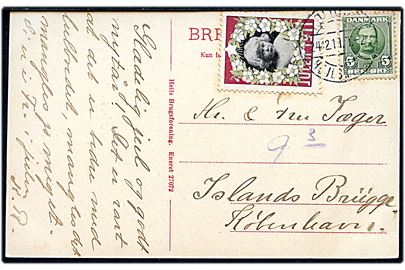 5 øre Fr. VIII og Julemærke 1911 på brevkort (Heils Efterskole) annulleret med svagt bureaustempel Kolding - Hejlsminde T.2 d. 24.12.1911 til København.