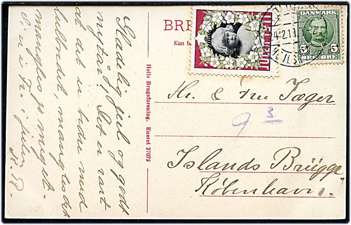 5 øre Fr. VIII og Julemærke 1911 på brevkort (Heils Efterskole) annulleret med svagt bureaustempel Kolding - Hejlsminde T.2 d. 24.12.1911 til København.