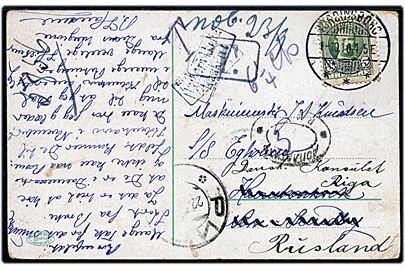 5 øre Fr. VIII på brevkort fra Vordingborg d. 1.10.1910 til maskinmester ombord på S/S Egholm, Havnekontoret i Nørre Sundby. Eftersendt til danske konsulat i Riga, Rusland med både danske T og Utilstrækkelig Frankeret, samt ovalt russisk portostempel fra Riga.