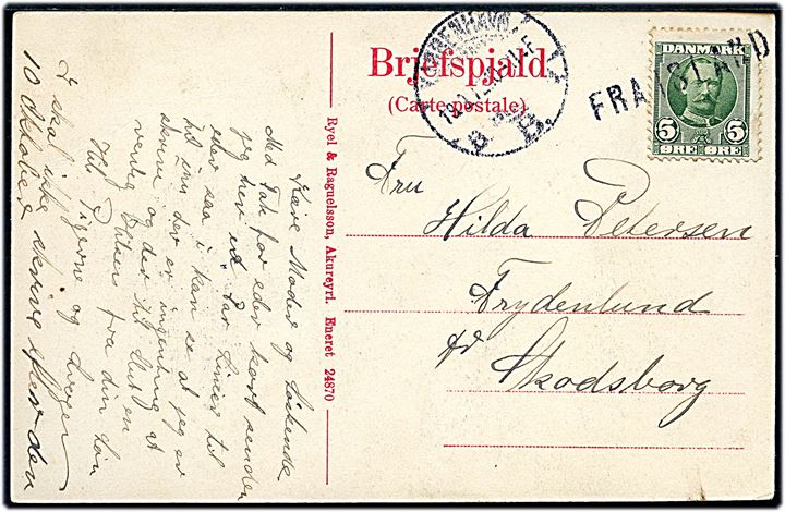 5 øre Fr. VIII på brevkort (Vetrakvöld á Akureyri) annulleret med skibsstempel Fra Island og sidestemplet Kjøbenhavn d. 19.9.1912 til Skodsborg.