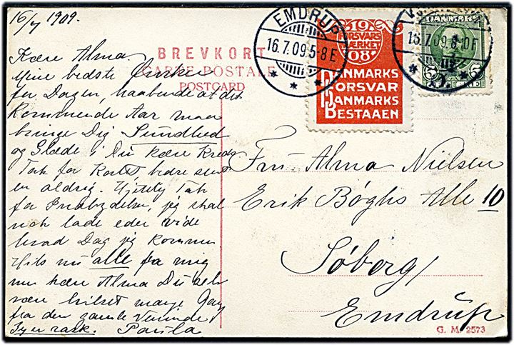 5 øre Fr. VIII og Forsvarsmærket 1908 på brevkort fra Kjøbenhavn d. 16.7.1909 til Emdrup.