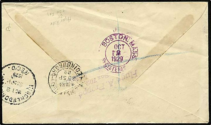 35 aur Landskab og 30 aur Chr. X på anbefalet brev fra Reykjavik d. 17.11.1929 via Edinburgh og Boston til Winchendon, USA. Amerikansk toldstempel.