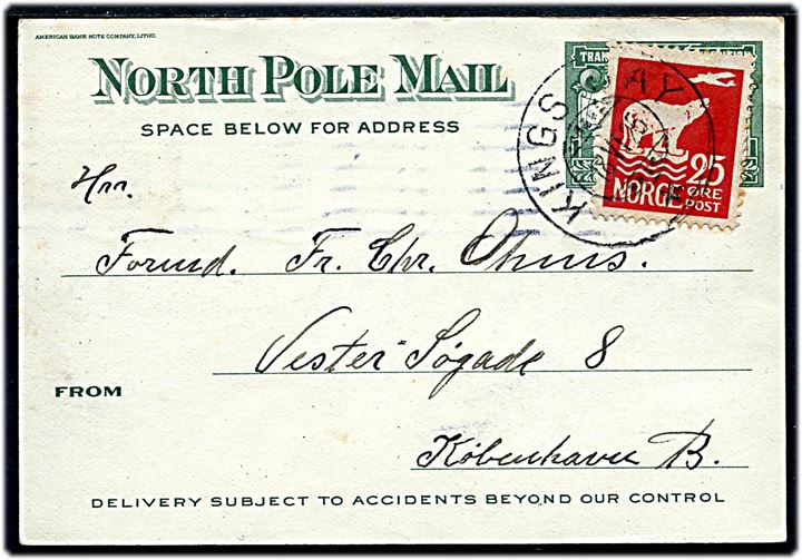 10 øre Bølgelinie på lille Trans-Polar Flight Expedition brevkort fra København d. 26.2.1924 til Christiania, Norge. Returneret med 25 øre Svalbard udg. stemplet Kings Bay d. 18.6.1925 til København, Danmark.