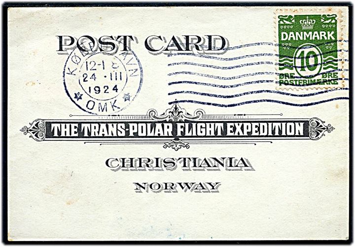 10 øre Bølgelinie på lille Trans-Polar Flight Expedition brevkort fra København d. 26.2.1924 til Christiania, Norge. Returneret med 25 øre Svalbard udg. stemplet Kings Bay d. 18.6.1925 til København, Danmark.