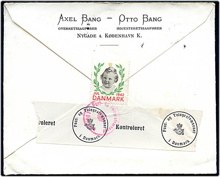 20 øre Karavel på brev fra København d. 2.12.1942 til Vittsjö, Sverige. På bagsiden Julemærke 1942 bundet til kuvert af dansk censurbanderole.