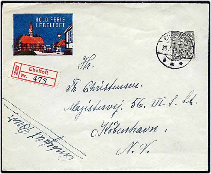 50 øre Chr. X single på illustreret kuvert Hold Ferie i Ebeltoft sendt anbefalet fra Ebeltoft d. 30.3.1944 til København.