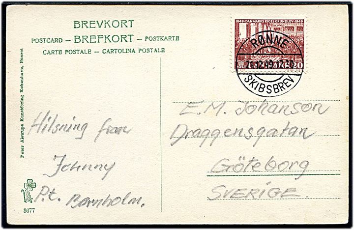 20 øre Grundloven på brevkort annulleret med brotype IIc skibsstempel Rønne Skibsbrev d. 21.12.1949 til Göteborg, Sverige.