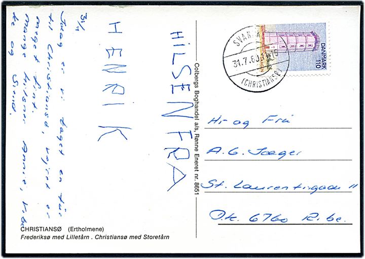 110 øre Landsdels udg. på brevkort (Luftfoto af Ertholmene) annulleret med parentes stempel Svaneke (Christiansø) d. 31.7.1980 til Ribe.