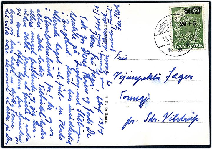 20+5/15+5 øre Frihedsfonden provisorium på brevkort (Maarup kirke ved Lønstrup) annulleret Christiansfeld d. 13.7.1955 til Sdr. Vilstrup.