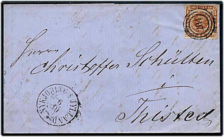 4 sk. stukken kant på brev annulleret med nr.stempel 204 og sidestemplet antiqua Nykjøbing i Jylland d. 6.10.1863 til Thisted.