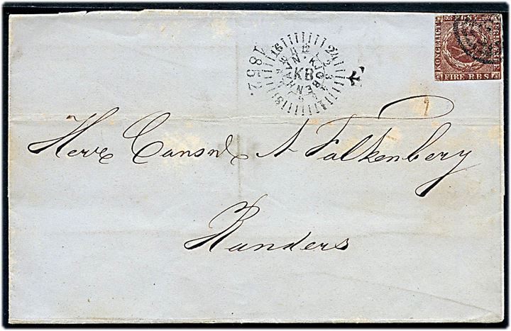 4 R.B.S. Thiele I tæt klippet på brev annulleret med stumt stempel og sidestemplet med kompasstempel Kjøbenhavn KB d. 27.3.1852 til Randers.