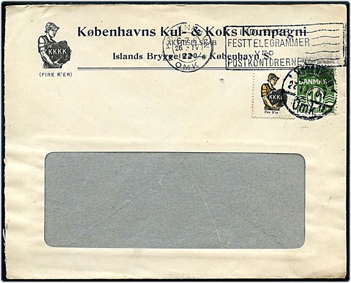 10 øre Bølgelinie og reklamemærke KKKK på illustreret firma-rudekuvert fra Københavns Kul- & Koks Kompagni stemplet København d. 26.4.1930.