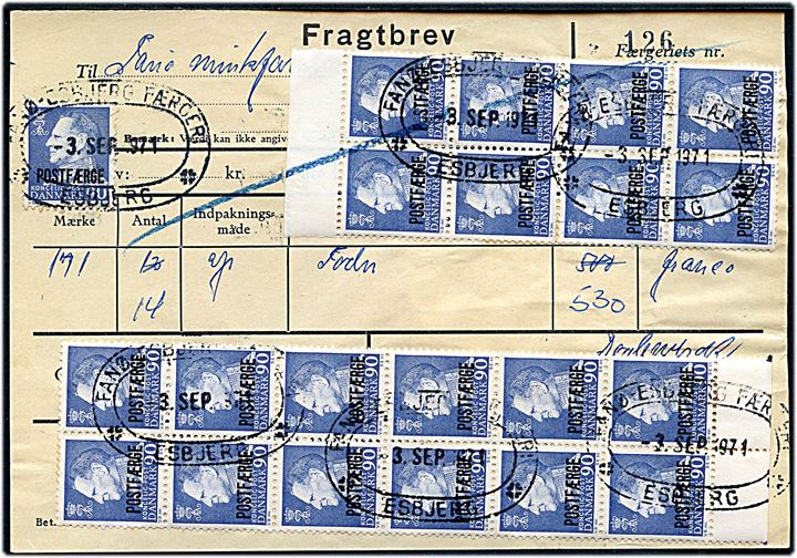 5 øre Bølgelinie (fireblok) og 90 øre Fr. IX (21) Postfærgemærke på for- og bagside af Fragtbrev stemplet Esbjerg d. 3.9.1971 til Fanø.