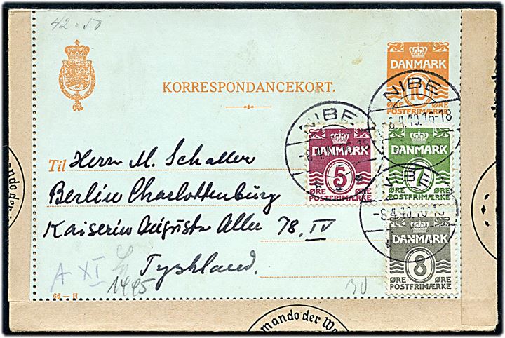 10 øre helsags korrespondancekort (fabr. 66-H) opfrankeret med 5 øre, 7 øre og 8 øre Bølgelinie sendt umiddelbart inden den danske besættelse fra Nibe d. 8.4.1940 til Berlin, Tyskland. Åbnet af tysk censur i Berlin. 