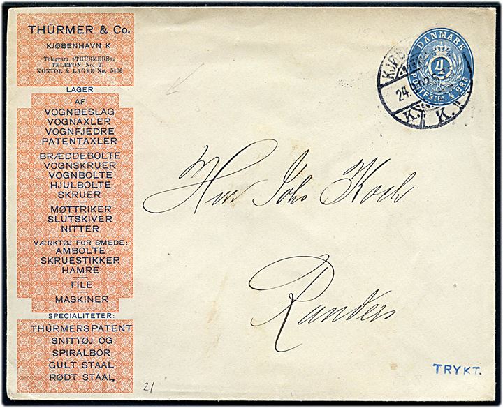 4 øre helsagskuvert med firmatiltryk fra Thürmer & Co. sendt som tryksag fra Kjøbenhavn d. 24.9.1902 til Randers.