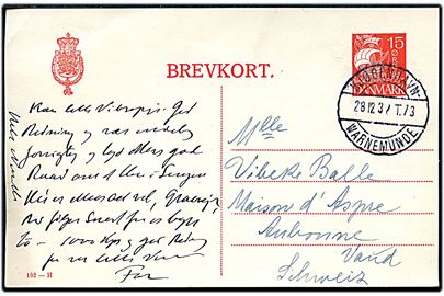 15 øre Karavel helsagsbrevkort (fabr. 102-H) annulleret med bureaustempel Kjøbenhavn - Warnemünde T.73 d. 28.12.1932 til Aubonne, Vaud, Schweiz.
