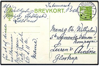 15 øre Karavel helsagsbrevkort påskrevet Interneret Post fra Søllested d. 14.9.1943 til menig i 5. Regiments Kanonkomp. i lejren ved Avedøre pr. Glostrup. Forsendelsen kunne være blevet sendt portofrit.