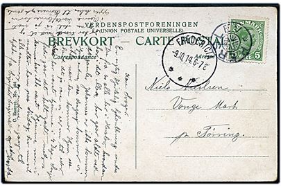 5 øre Chr. X på brevkort annulleret med stjernestempel HERSLEV og sidestemplet Fredericia d. 9.10.1914 til Tørring.