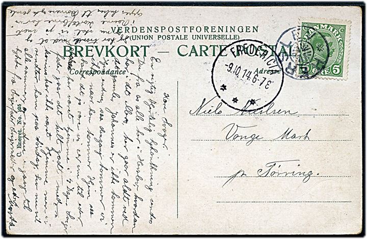 5 øre Chr. X på brevkort annulleret med stjernestempel HERSLEV og sidestemplet Fredericia d. 9.10.1914 til Tørring.