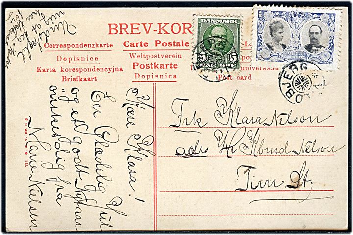 5 øre Fr. VIII og Julemærke 1907 på brevkort (Parti fra Vildbjerg) annulleret med stjernestempel VILDBJERG til Tim.