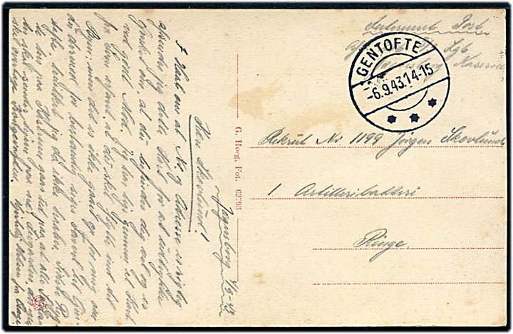 Ufrankeret interneret brevkort (Marketenderiet i Jægersborg) fra interneret soldat på Jægersborg Kaserne stemplet Gentofte d. 6.9.1943 til anden soldat ved 1. Artilleribatteri interneret i Ringe på Fyn. Sjældent interneringssted.