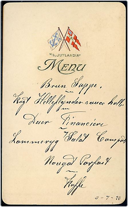 Østasiatisk Kompagni. Fortrykt menukort fra M/S Jutlandia dateret d. 3.7.1920.