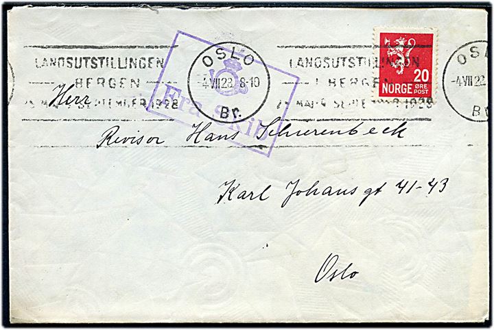 20 øre Løve på brev annulleret med maskinstempel i Oslo d. 4.7.1928 og sidestemplet (posthorn) Fra Skib til Oslo.