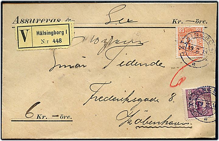 8 öre og 25 öre Gustaf på værdibrev fra Hälsingborg d. 19.2.1916 til Kjøbenhavn, Danmark.