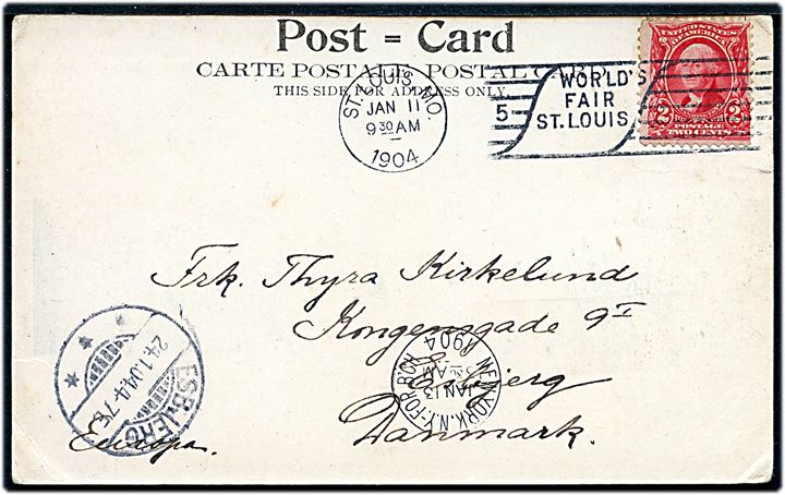 2 cents Washington på brevkort (Union Station, St. Louis) annulleret med maskinstempel St. Louis / World's Fair St. Louis d. 11.1.1904 til Esbjerg, Danmark.