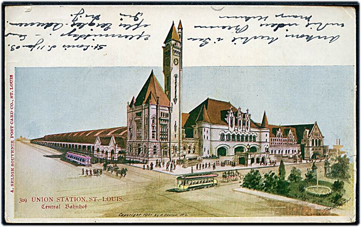 2 cents Washington på brevkort (Union Station, St. Louis) annulleret med maskinstempel St. Louis / World's Fair St. Louis d. 11.1.1904 til Esbjerg, Danmark.
