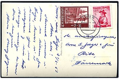 30+15 g. Genopbygning af Salzburg Domkirke og 1,45 S. Egnsdragt på brevkort fra Lofer d. 31.3.1953 til Ribe, Danmark.