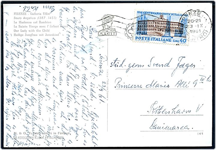 40 l. 100 år jubilæum på brevkort fra Firenze d. 23.9.1961 til København, Danmark.